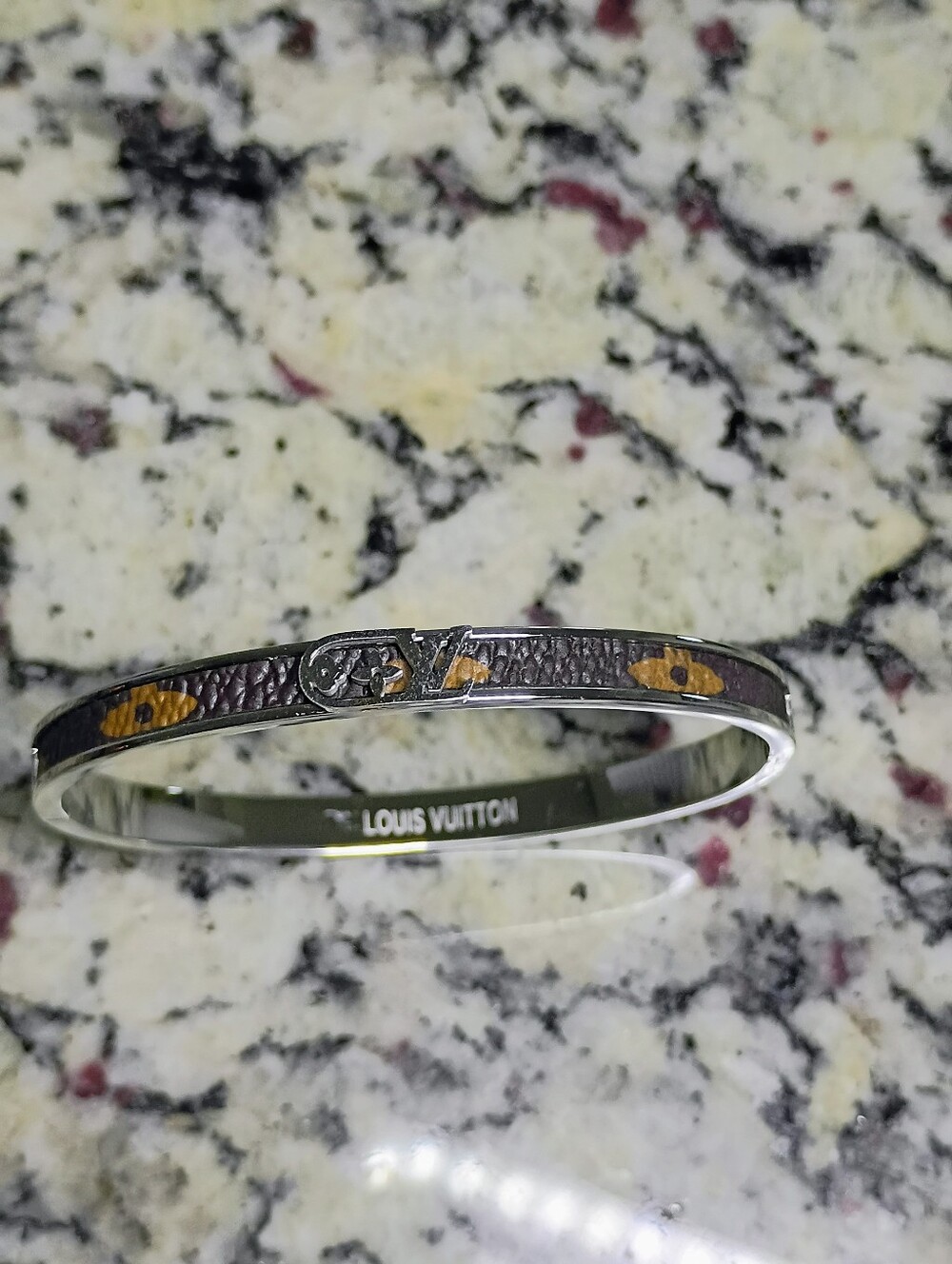 New Silver Bangle with Brown Monogram Accents